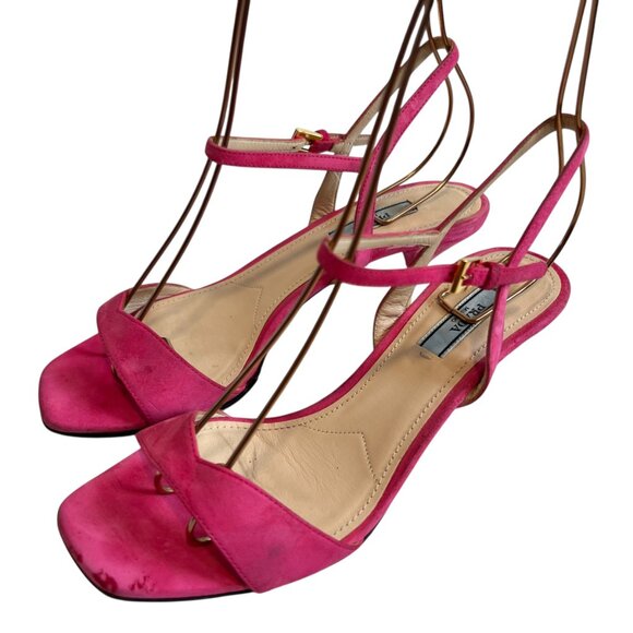 Prada high heel sandals pink suede 37.5 square toe ankle strap - Picture 3 of 15